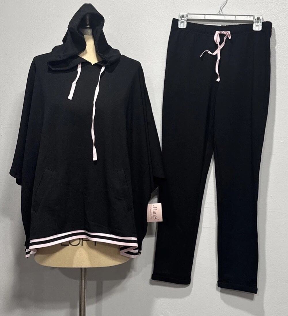 Hanes Women’s Pajama Set Black Oversized Short Sleeve Hoodie Top & Pants Size S